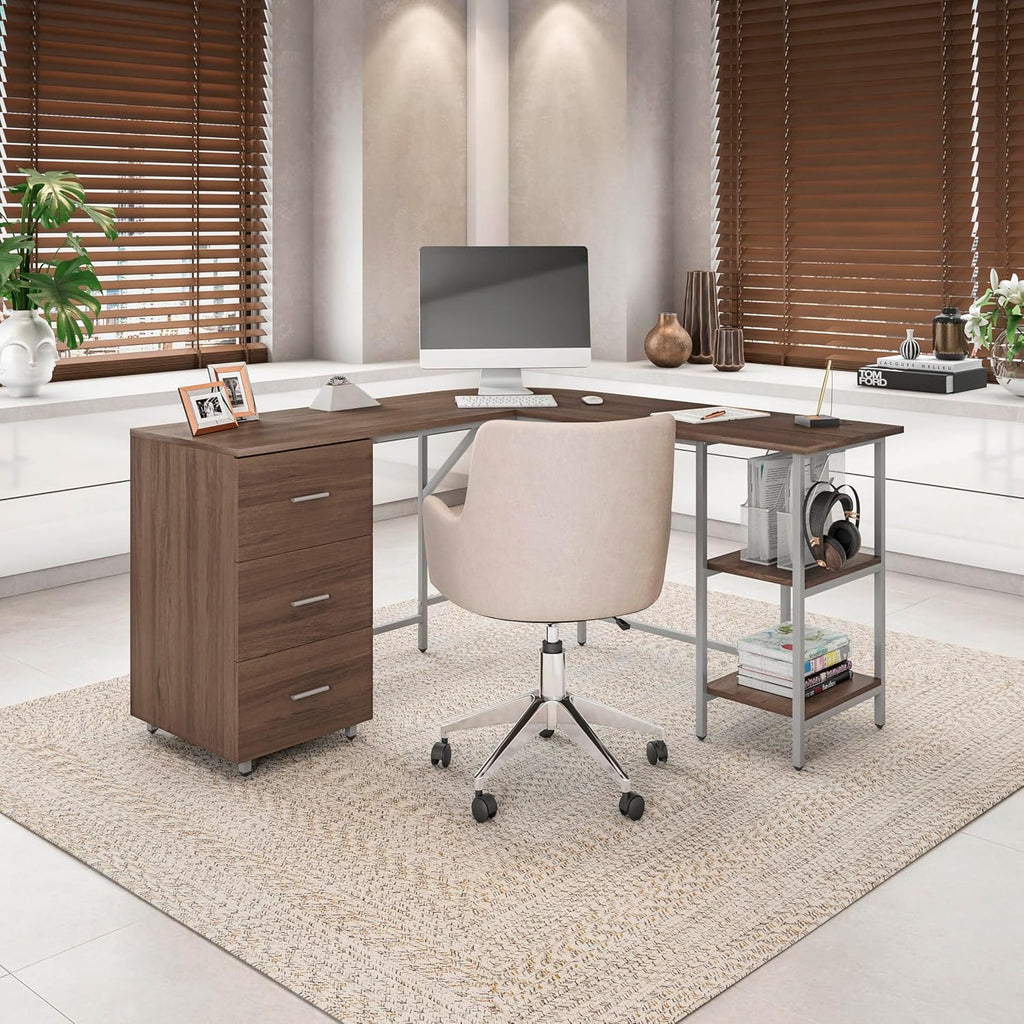 Techni Mobili L Shaped Desk - Two-Toned Computer Desk with Drawers & Storage Shelves - Simple Modern Furniture & Home Office Space Corner Table for Work & Writing