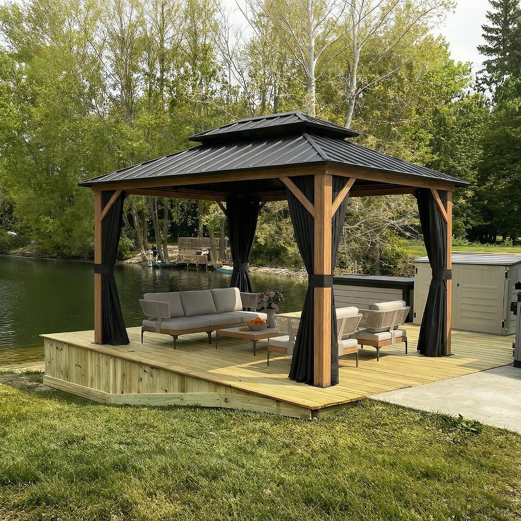 PURPLE LEAF 8' X 10' Hardtop Gazebo Outdoor Wood Grain Aluminum Frame Galvanized Steel Double Roof Gazebos with Netting and Curtains for Patio Deck Backyard Garden