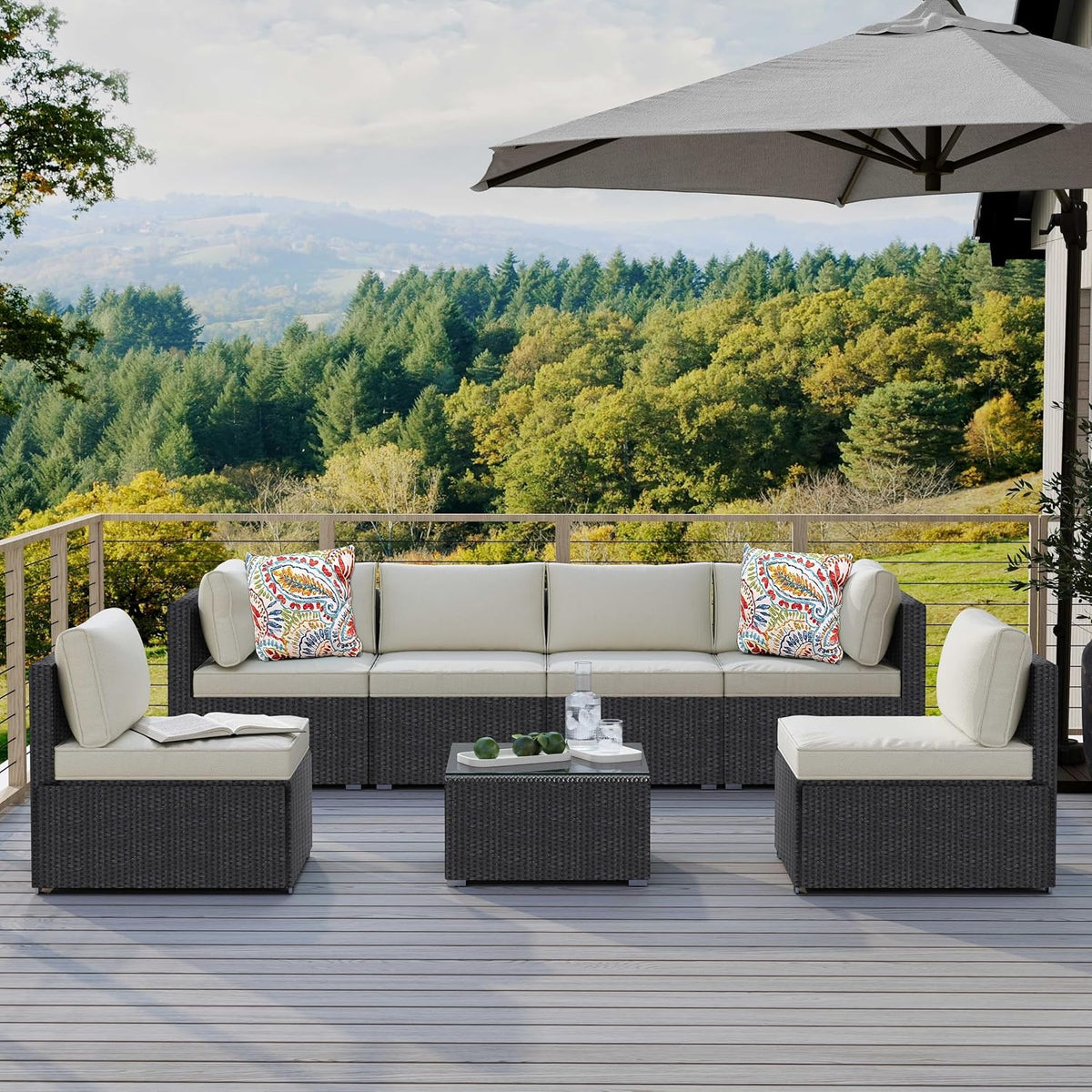 7-Piece Outdoor Patio Furniture Set – Handwoven All-Weather Rattan & 4' Thick Waterproof Cushions, Wicker Outdoor Conversation Sets with Coffee Table for Deck, Backyard, Garden, 2026, Black/Beige