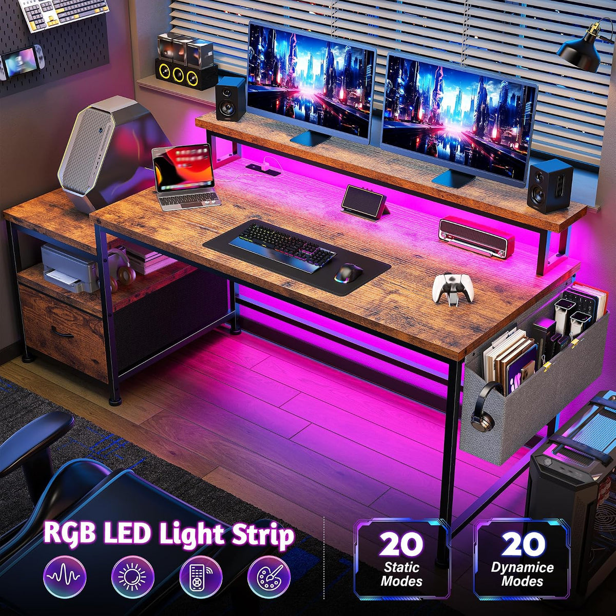 DurayLoly Computer Desk with Monitor Stand,Office Desk with LED Lights &Power Outlets,Gaming Desk with Drawers & Printer Shelf,Writing Table with Side Storage Bag,57' W x 20' D x 36' H,Rustic Brown