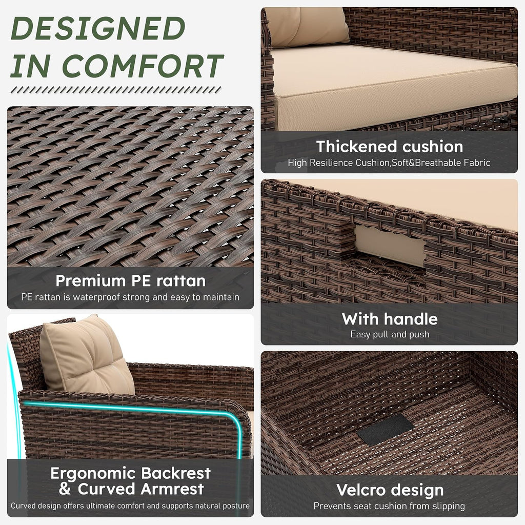 LHBcraft Balcony Furniture 5 Piece Wicker Patio Furniture Set, Outdoor Hand-Woven Rattan Lounge Chairs with Tempered Glass Coffee Table, Ottomans & Soft Cushions for Front Porch, Garden, Brown