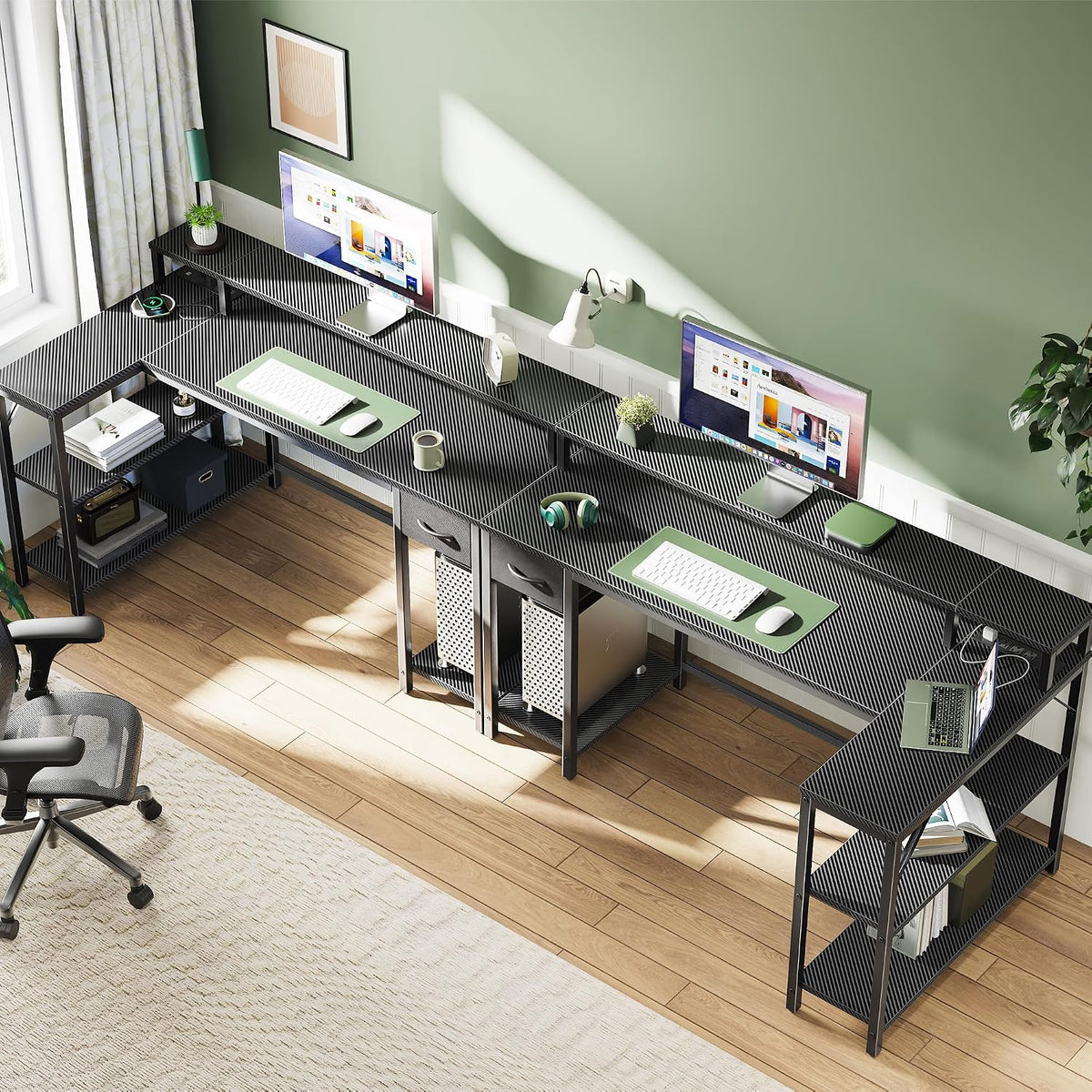 SUPERJARE 53 inch Reversible L Shaped Desk with LED Lights & Power Outlets, Computer Desk with Shelves & Monitor Stand, Gaming Desk with Drawer, Home Office Desk, Carbon Fiber Black