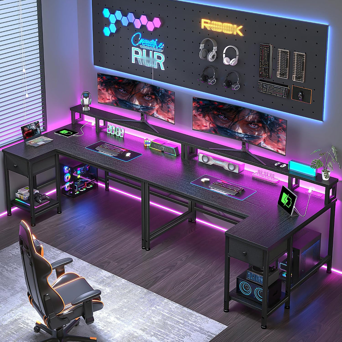 DurayLoly 48' L- Shaped Gaming Desk with LED Lights & Power Outlet,Gaming Desk with Monitor Stand for Gamer,Home Office Desk with Drawer for Student Study Room,Bedroom,Small Working Room,Black