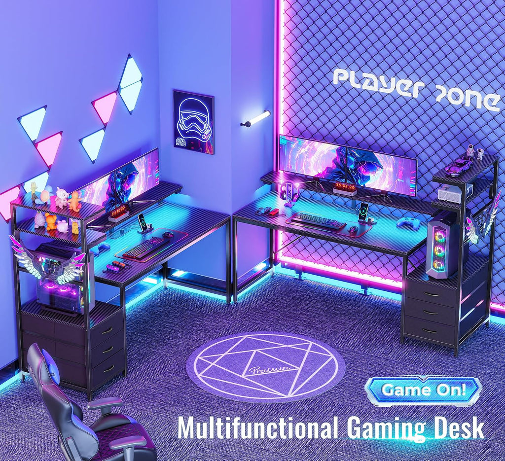 PRAISUN 61.7' Gaming Desk with LED Lights & Outlets, Computer Desk with 3 Fabric Drawers, PC Desk with PC Case Stand & Movable Storage Shelves, Monitor Stand, Reversible, Carbon Fiber Black
