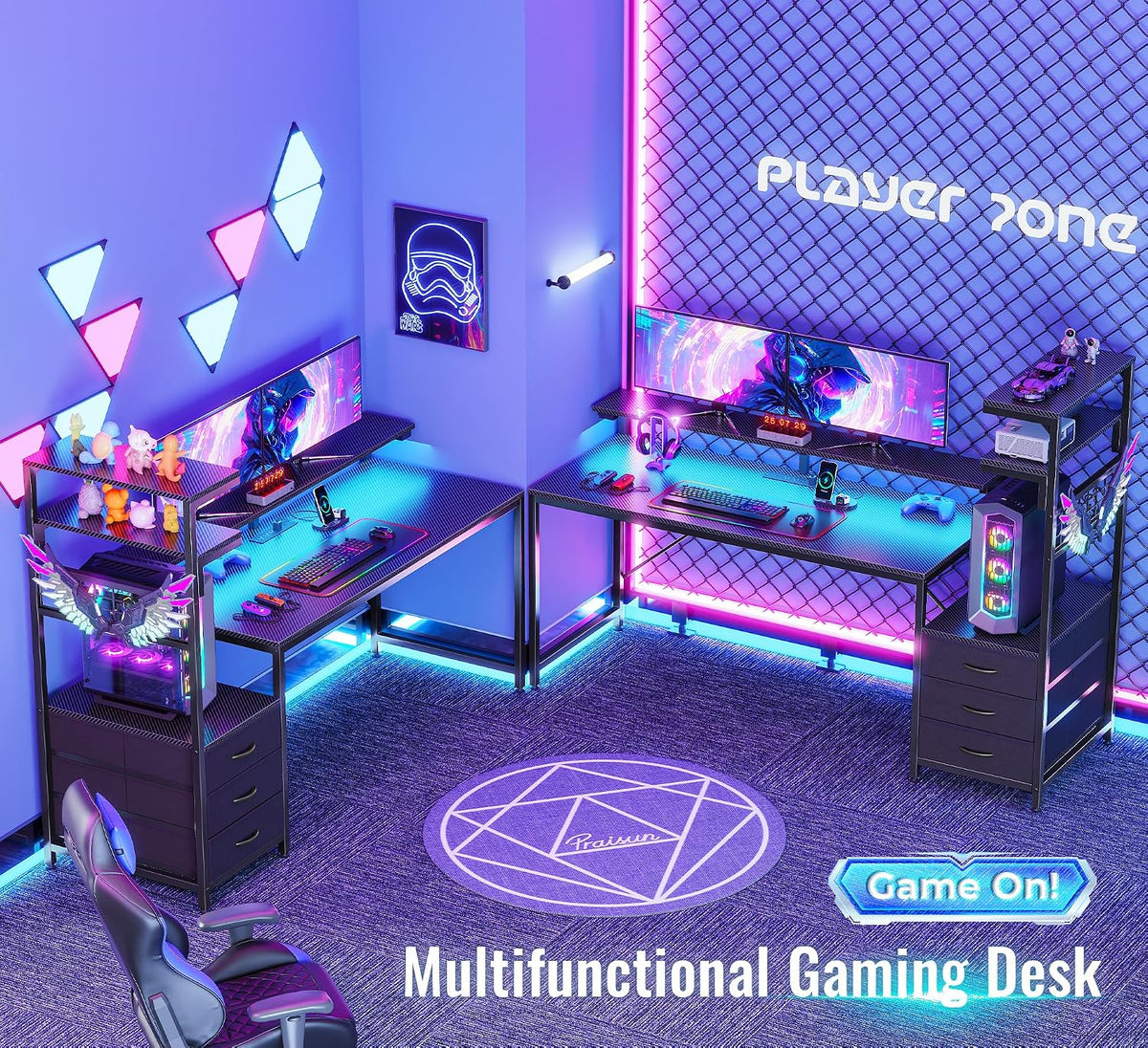 PRAISUN 61.7' Gaming Desk with LED Lights & Outlets, Computer Desk with 3 Fabric Drawers, PC Desk with PC Case Stand & Movable Storage Shelves, Monitor Stand, Reversible, Carbon Fiber Black