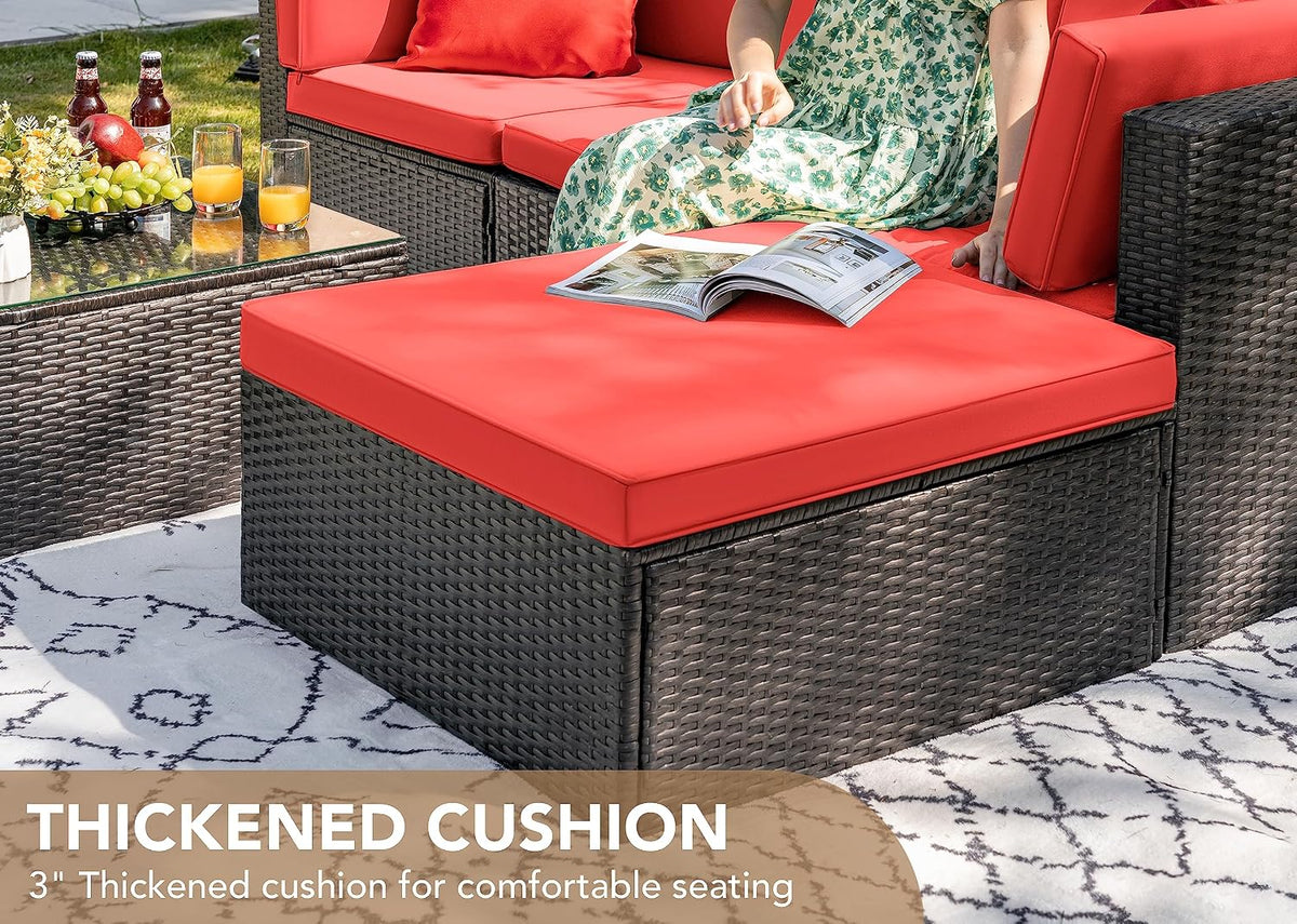 Devoko 5 Pieces Patio Furniture Sets All Weathevr Outdoor Sectional Patio Sofa Manual Weaving Wicker Rattan Patio Seating Sofas with Cushion and Glass Table (Red)