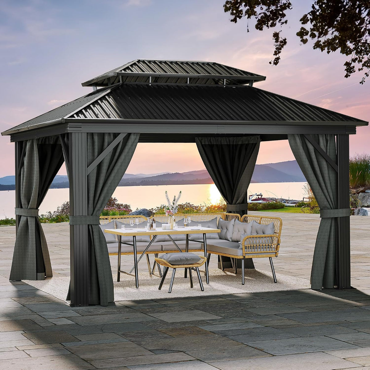 YITAHOME 12x14ft Hardtop Gazebo, Heavy Duty Double Roof Galvanized Steel Outdoor with Nettings and Curtains Combined of Vertical Stripes Roof for Patio, Backyard, Deck, Lawns, Gray