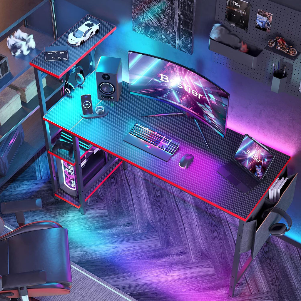 Bestier Gaming Desk with LED Lights, 51.3 Inch Computer Desk with 4 Tiers Reversible Shelves, Gamer Desk with Side Storage Bag, Hooks and Height Adjustable Shelf (Black Carbon Fiber)