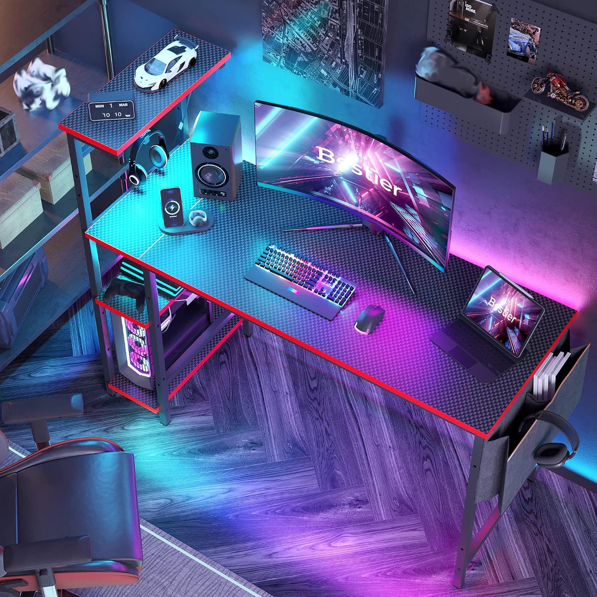 Bestier Gaming Desk with LED Lights, 51.3 Inch Computer Desk with 4 Tiers Reversible Shelves, Gamer Desk with Side Storage Bag, Hooks and Height Adjustable Shelf (Black Carbon Fiber)