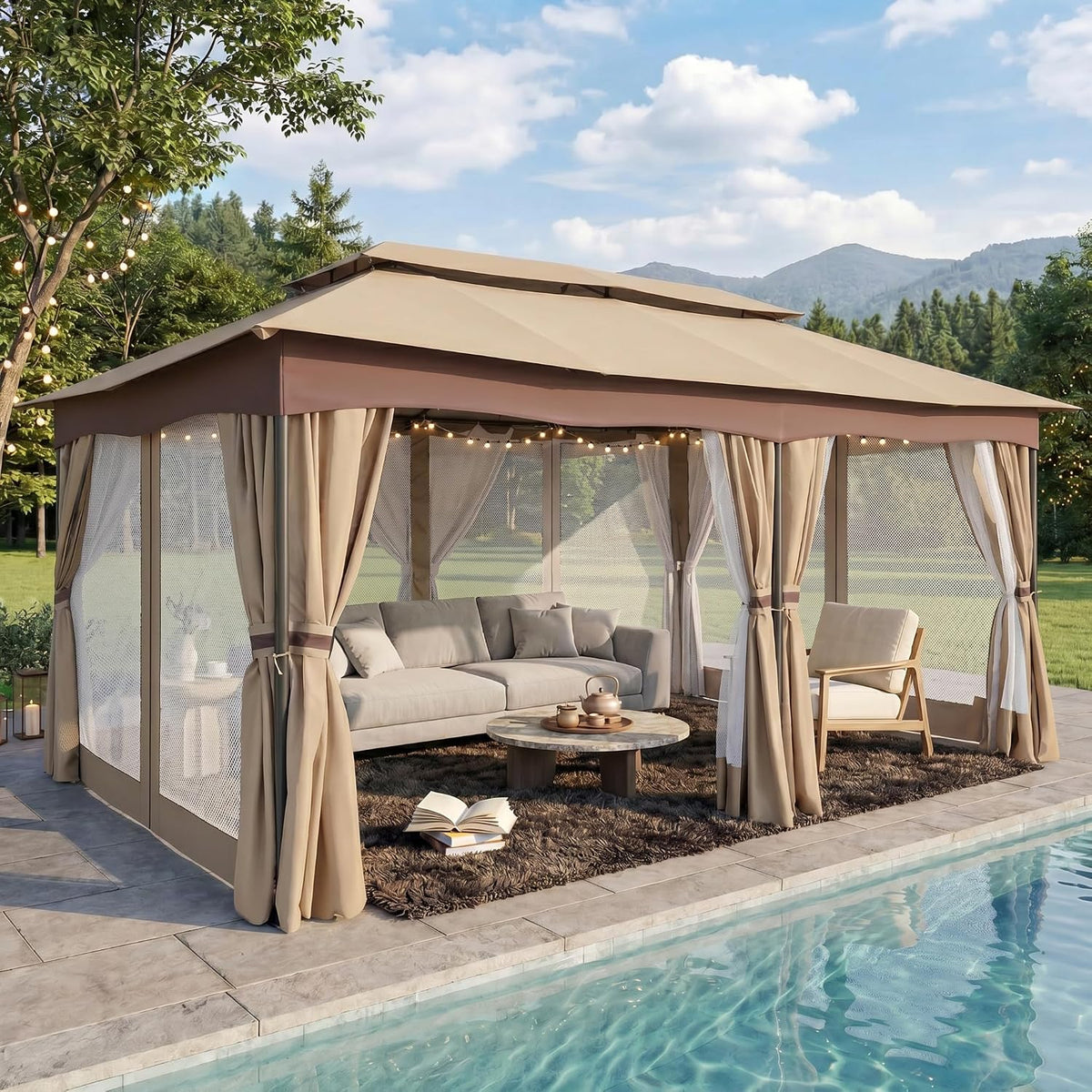 COBIZI 12x20 Outdoor Patio Gazebo, Double Roof Soft Top Canopy with Privacy Curtains and Mosquito Netting, Heavy Duty Steel Frame Shade Shelter for Backyard, Garden, Deck, Poolside - Khaki