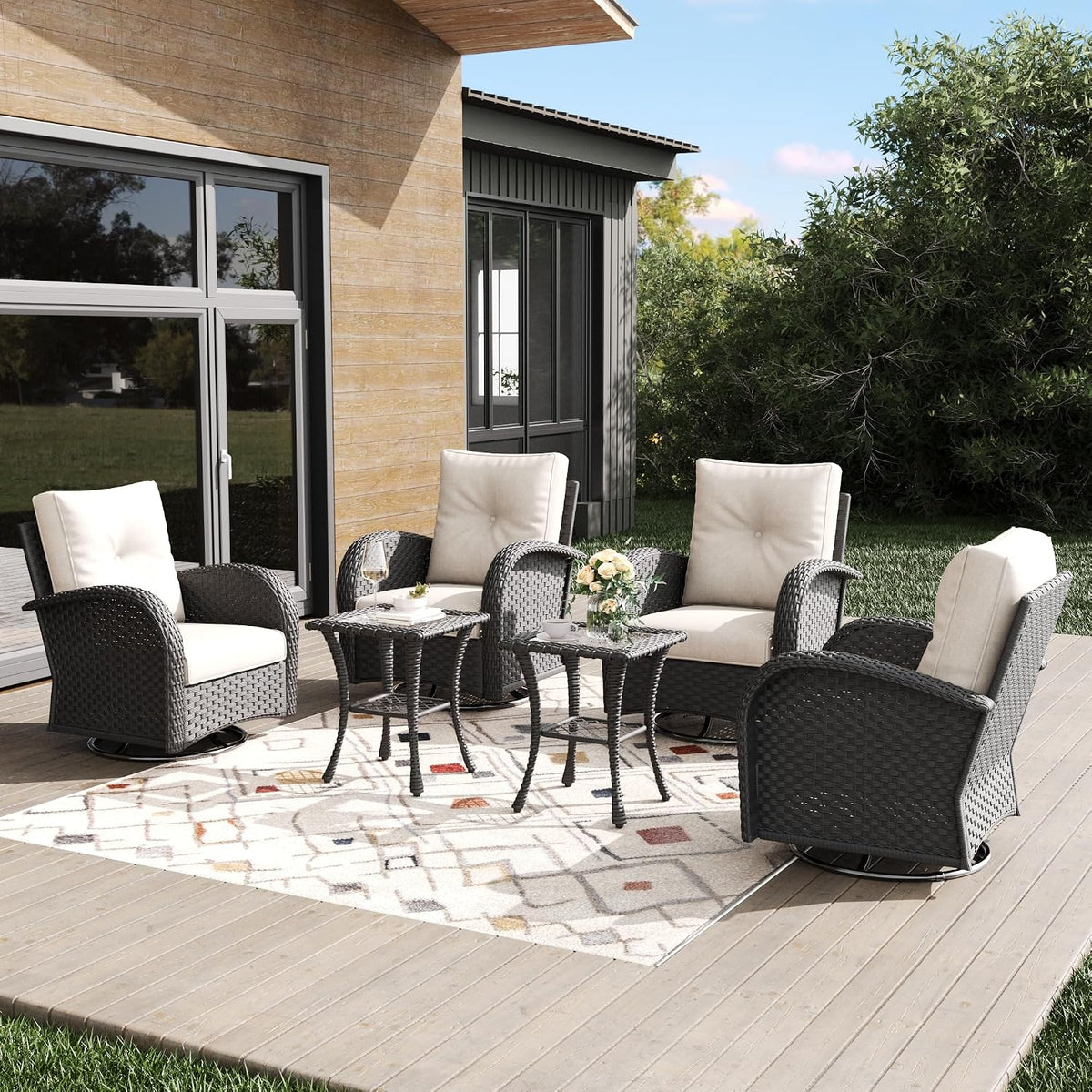 Outdoor Patio Furniture Sets 5 Pieces Wicker Swivel Rocker Chairs with Coffee Table for Backyard Deck