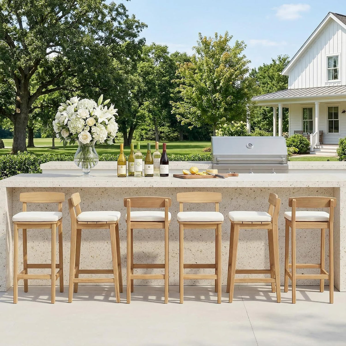 Patio Bar Stools Set of 6, Solid Acacia Wood Patio Barstools with Footrest, 28.5' Counter Height Outdoor Bar Stools, High Top Patio Bar Chairs for Balcony/Deck/Kitchen Island/Bistro, Beige