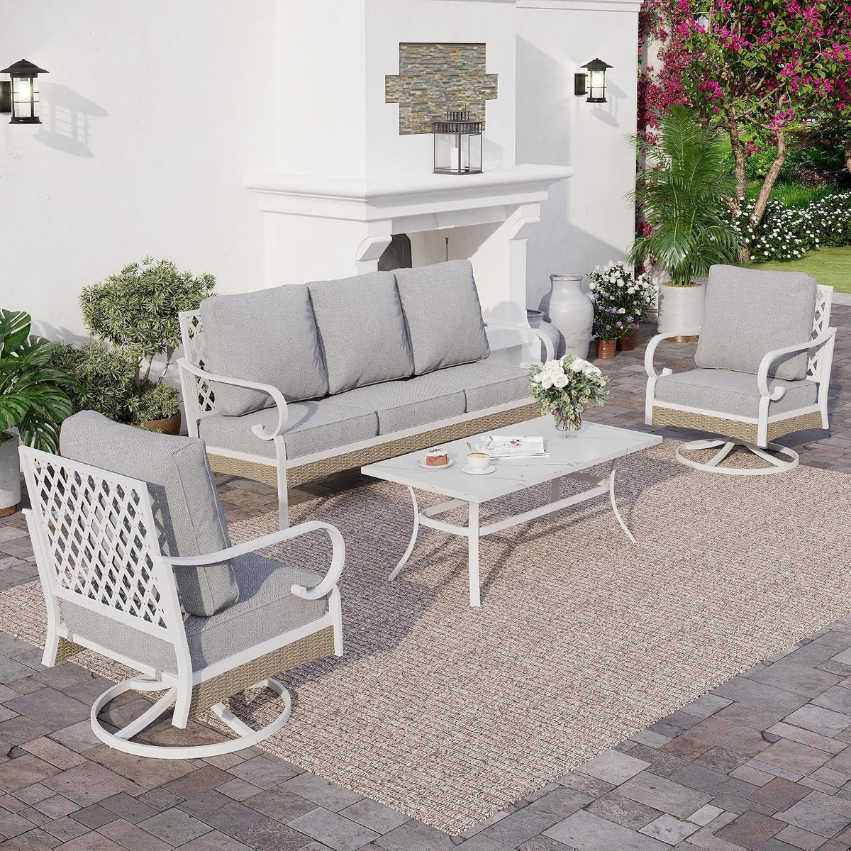 SUNSHINE VALLEY 4 PCS Metal Outdoor Patio Furniture Set, Patio Conversation Sets 1 3-Seater Sofa, 2 Swivel Chairs with 5.75' Extra Thick Cushion and Coffee Table, White Frame Backyard Furniture, Gray