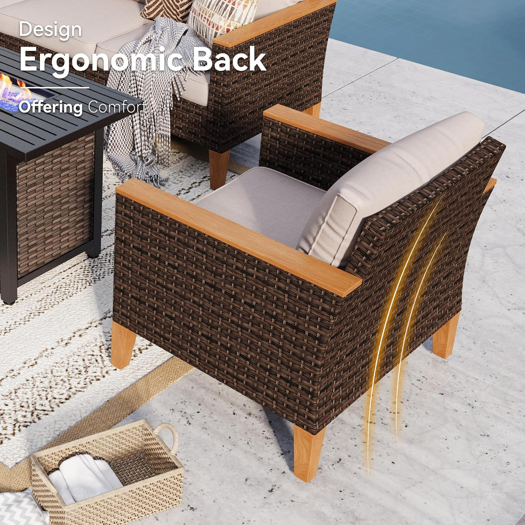GREEN PARTY 7 Pieces Wicker Patio Furniture Set with 56' Fire Pit Table, All-Weather Outdoor Rattan Patio Sectional Sofa Conversation Set with 4' Thick Cushions for Garden, Backyard, 2 x Ottomans