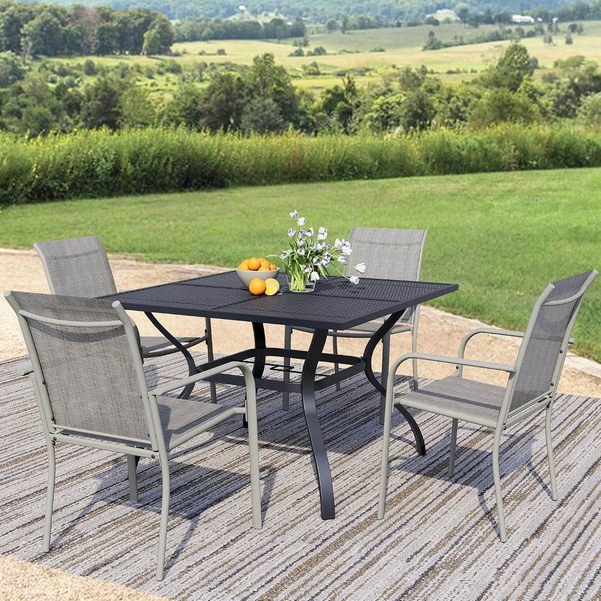 5-Piece Outdoor Dining Set, Square Metal Table with Grey Chairs, Black Patio Table with Umbrella Hole for Garden, Yard, Patio