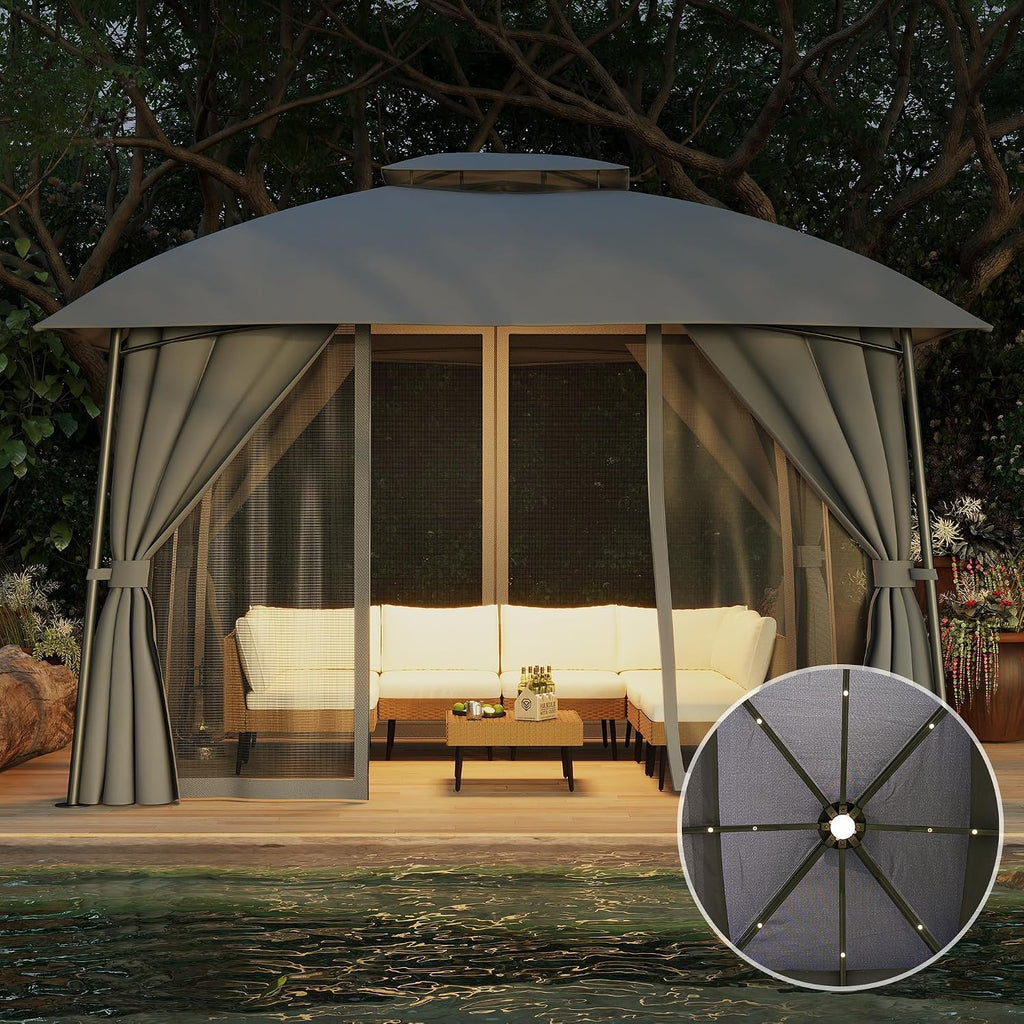 Gazebo 10x12 (Canopy Size) with LED Light & Mosquito Netting & Privacy Screens. Double Roof Design Outdoor Gazebo with Trapezoidal Support System for Patio, Deck, Backyard, Garden & Lawns