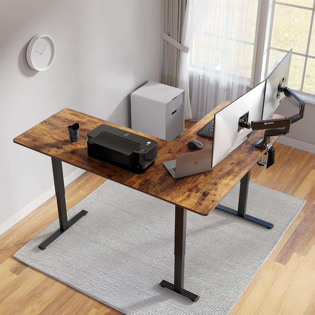 FEZIBO 63' L Shaped Standing Desk - Adjustable Corner Standing Desk L Shape, L-Shaped Adjustable Table with Splice Board, Vintage-Brown