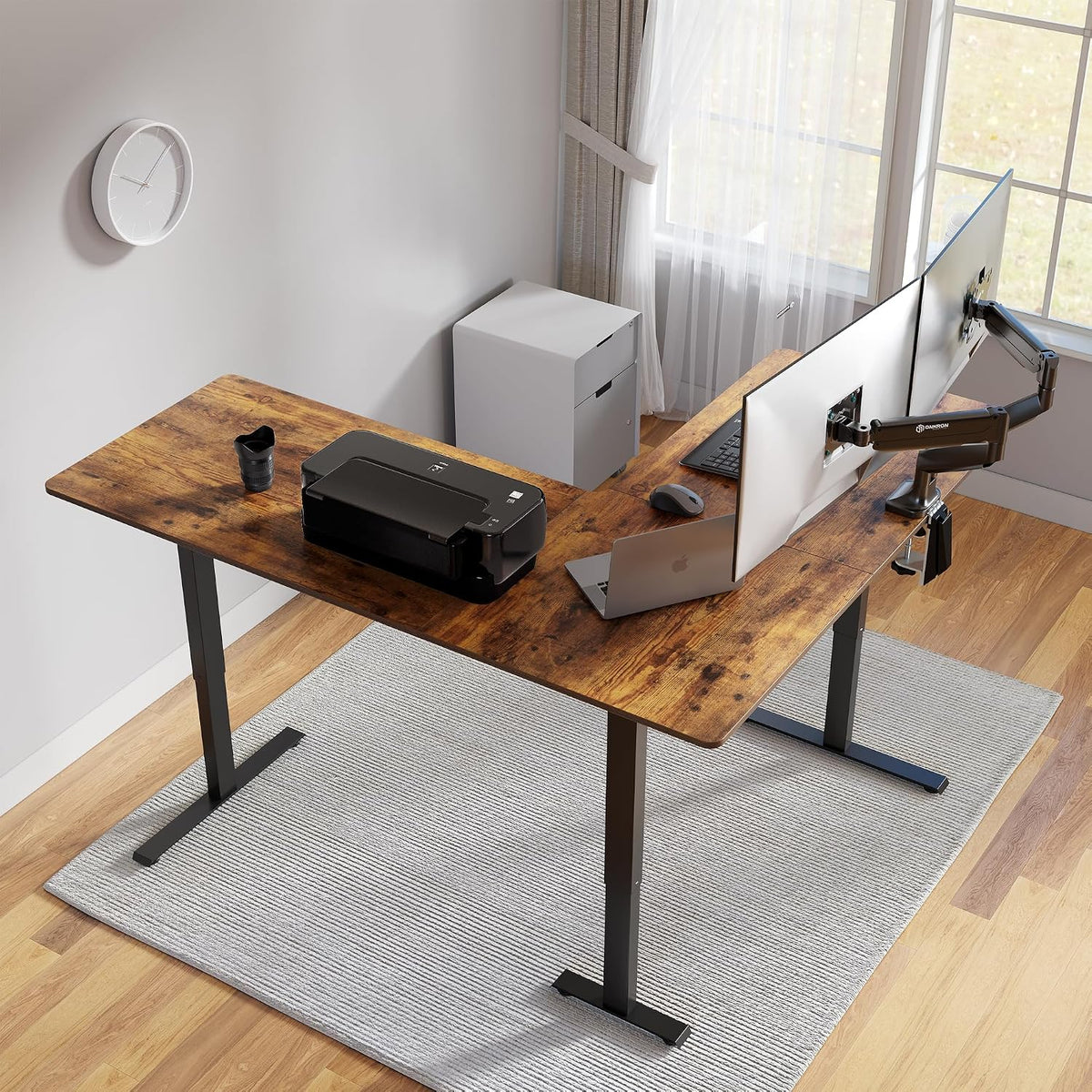 FEZIBO 63' L Shaped Standing Desk - Adjustable Corner Standing Desk L Shape, L-Shaped Adjustable Table with Splice Board, Vintage-Brown