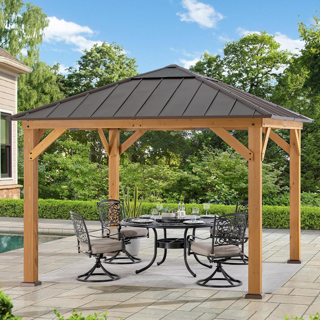 Sunjoy Hardtop Gazebo 11 x 11 ft. Cedar Framed Wood Gazebo with Brown Steel and Polycarbonate Hip Roof Hardtop for Garden, Backyard Shade