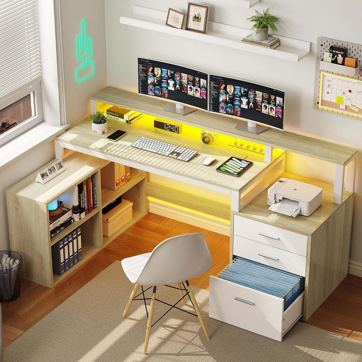 DWVO L Shaped Desk with Drawers, 65' Computer Desk with Power Outlets & LED Lights, Corner Home Office Desk with Storage Shelves & Printer Stand, White & Oak
