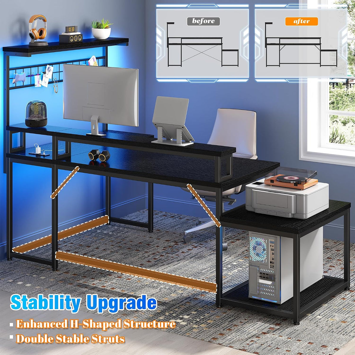 EnHomee 56' Medium L Shaped Gaming Desk with LED & Power Outlets,Computer Desk with Monitor Stand & Print Stand for Home Office,Reversible Corner Gaming Table with Storage Shelf & Hooks,Black