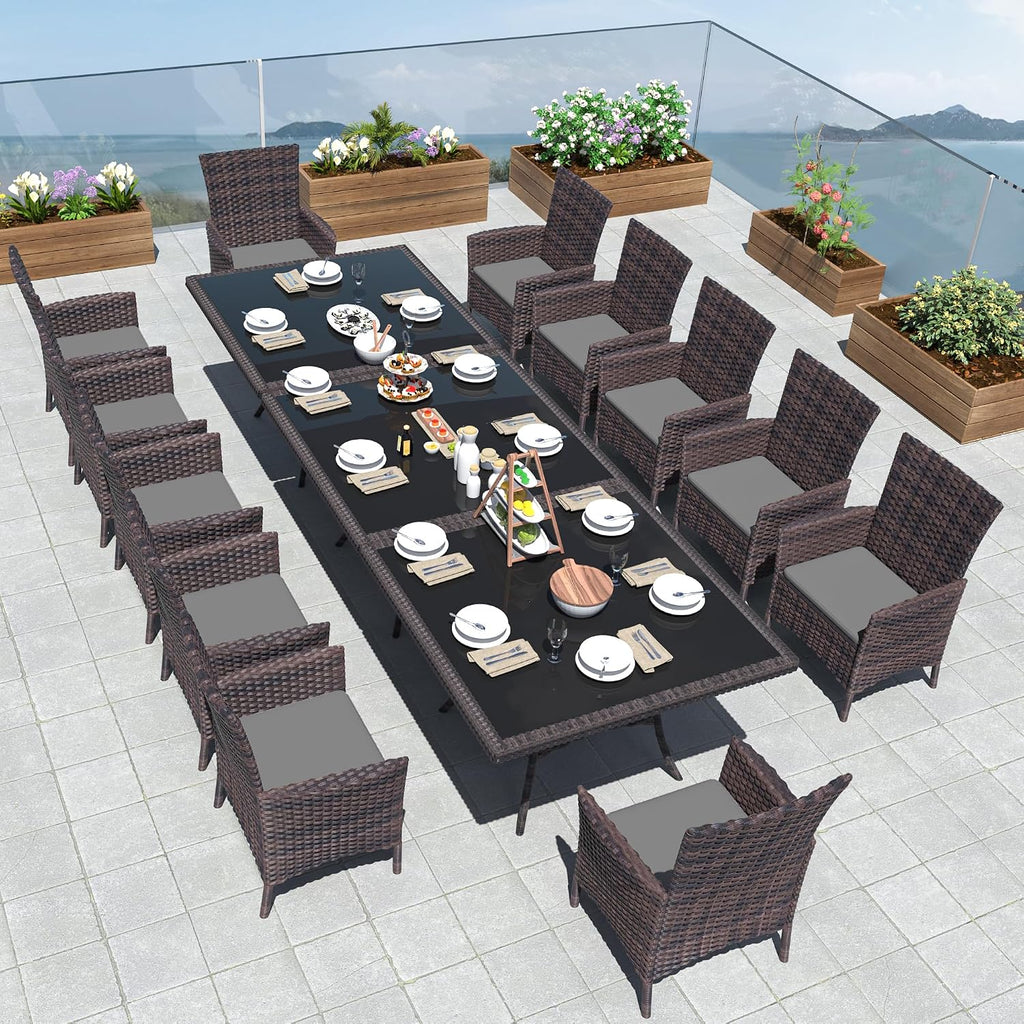 Kurapika 15-Piece Patio Furniture Outdoor Dining Set, Wicker Rattan Patio Dining Table and Chairs Set, Square Tempered Glass Tabletop with Umbrella Hole and 12 Chair Set, Grey