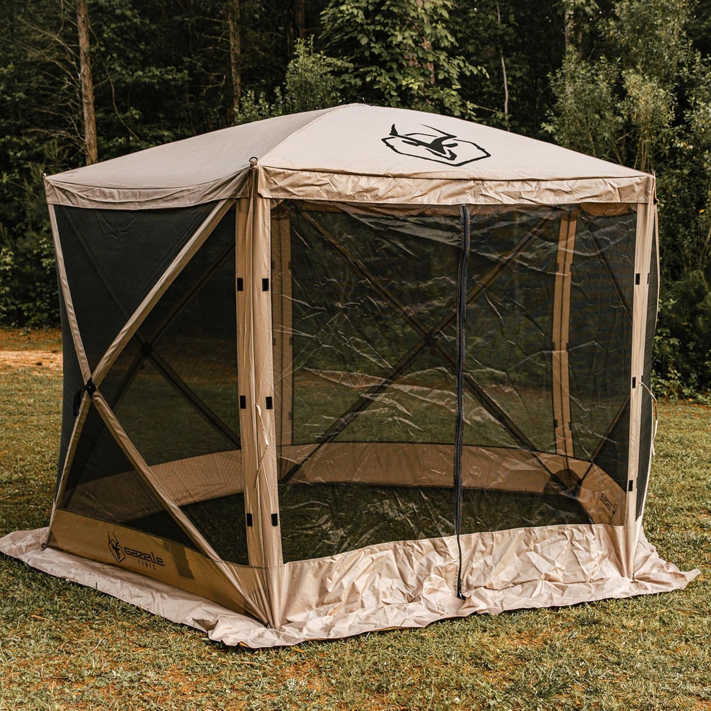 Gazelle Tents™, G5 5-Sided Portable Gazebo, Easy Pop-Up Hub Screen Tent, Durable, TriTech Mesh, Waterproof, UV Resistant, 4-Person & Table, Desert Sand, 85' x 115' x 106', GG502DS