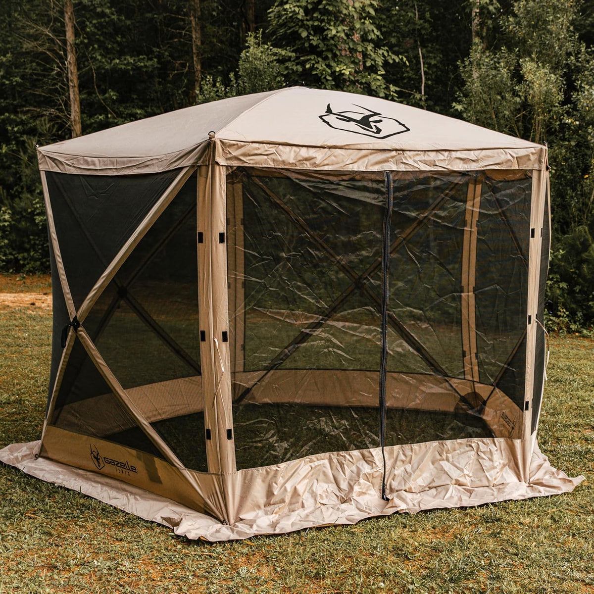 Gazelle Tents™, G5 5-Sided Portable Gazebo, Easy Pop-Up Hub Screen Tent, Durable, TriTech Mesh, Waterproof, UV Resistant, 4-Person & Table, Desert Sand, 85' x 115' x 106', GG502DS