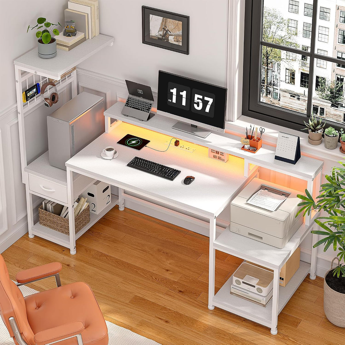 DurayLoly 55' Computer Desk with LED Lights & Outlets,Office Desk with Drawers & Monitor Stand,Gaming Desk with 3 Storage Shelves, Hooks& Printer Space for Game&Study Room,Home Office,Bedroom,White