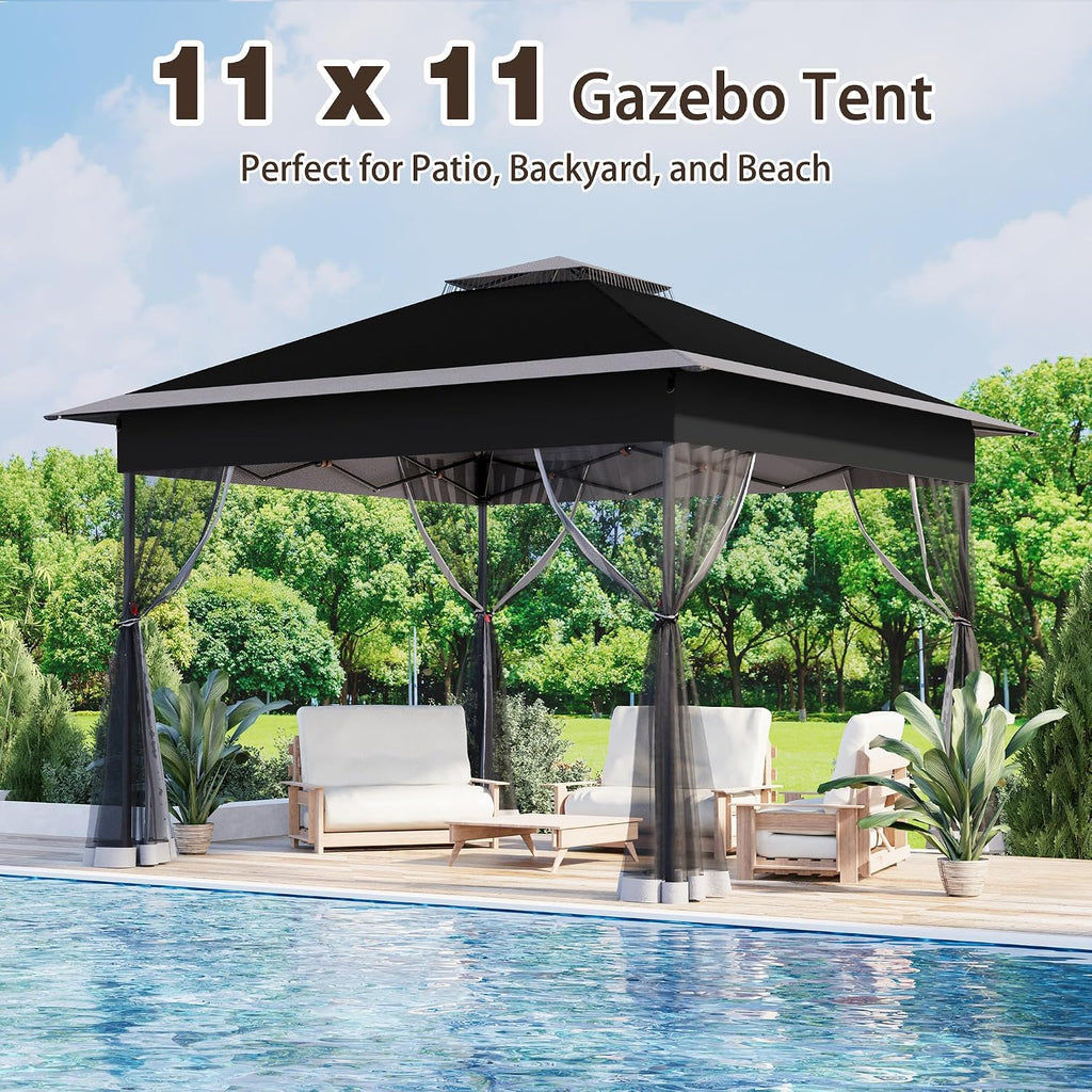 Bezseller 11x11 Pop Up Gazebo with Mosquito Netting – Easy 1-Person Setup, Water-Resistant Backyard Canopy for Family Patio & Garden Use, Black