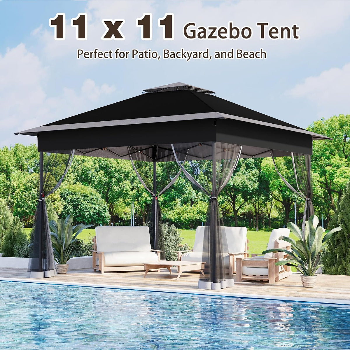 Bezseller 11x11 Pop Up Gazebo with Mosquito Netting – Easy 1-Person Setup, Water-Resistant Backyard Canopy for Family Patio & Garden Use, Black