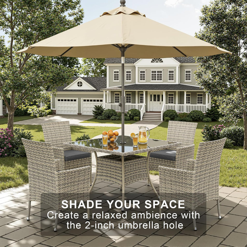 10-Piece Patio Dining Set, Patio Furniture Set with Square Tempered Glass Table & 8 Wicker Chairs, Expandable Design for Larger Groups, Outdoor Furniture for Backyard, Deck, Garden, Grey