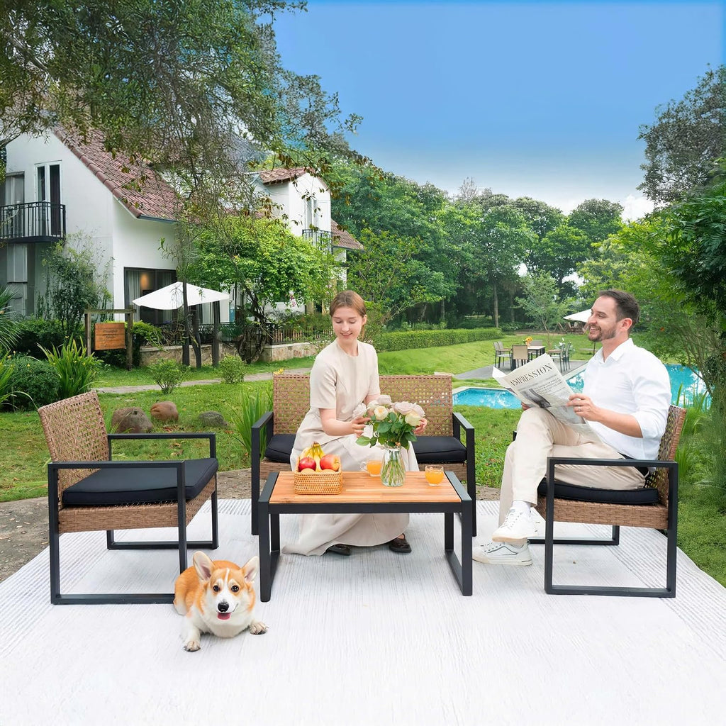BEEFURNI Wicker Patio Furniture Outdoor Conversation Set of 4, Rattan Outdoor Furniture Set, Acacia Wood Table, 2 Chairs, 1 Loveseat, 2' Cushions, All Weather Set for Patio, Porch, Balcony (Brown)