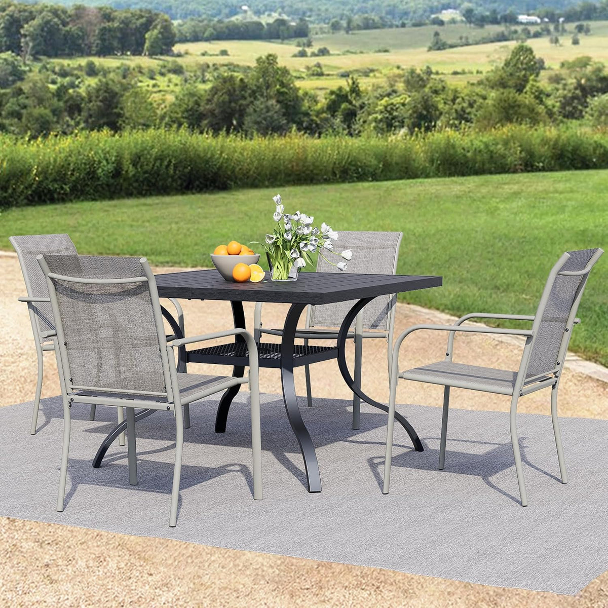 5 Pieces Outdoor Dining Set, Black Square Metal Table with Umbrella Hole & Stackable Chairs, Outside Furniture Set for Patio, Deck, Yard, Porch, Gray