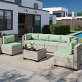 7-Piece Outdoor Patio Furniture Set, PE Wicker Rattan Sectional Sofa Conversation Set with Tempered Glass Table & Thick Cushions - All-Weather Garden, Backyard Furniture, Light Green
