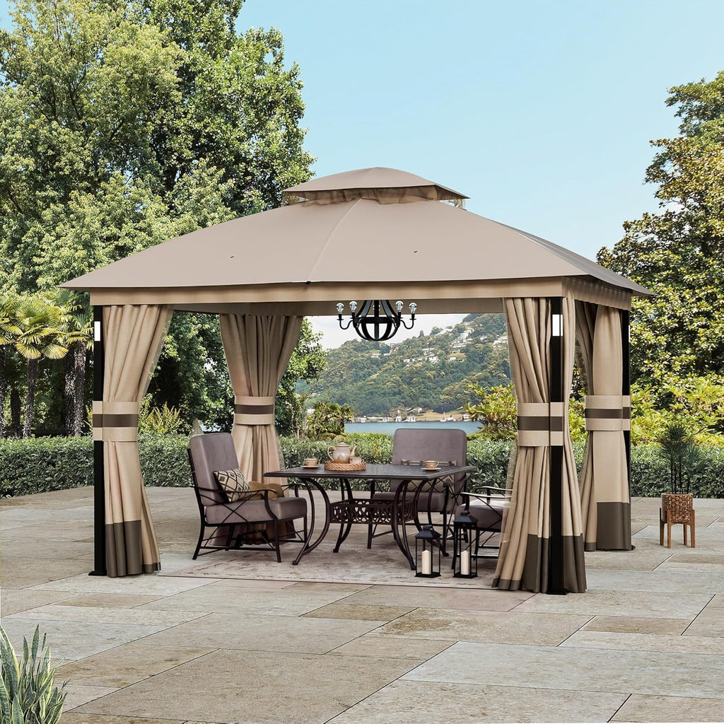 Covered Outdoor Patio Gazebo 10'x12' with LED Lights & Bluetooth Speaker, Heavy Duty Outdoor Canopy Shelter with Metal Frame, Double Roofs, Soft Top Gazebo with Netting and Curtains, Khaki