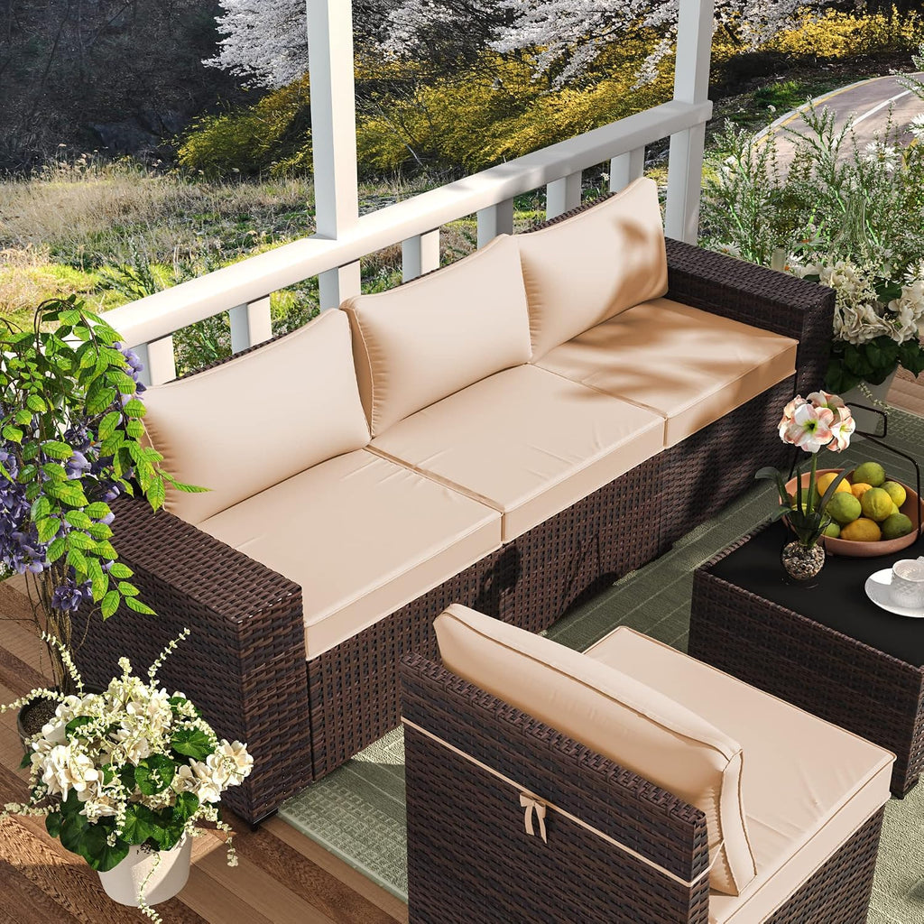 7 Pieces Outdoor Patio Furniture Set Wicker Sectional Sofa with Cushions & Tea Table Patio Rattan Conversation Chair Sofa Set Beige