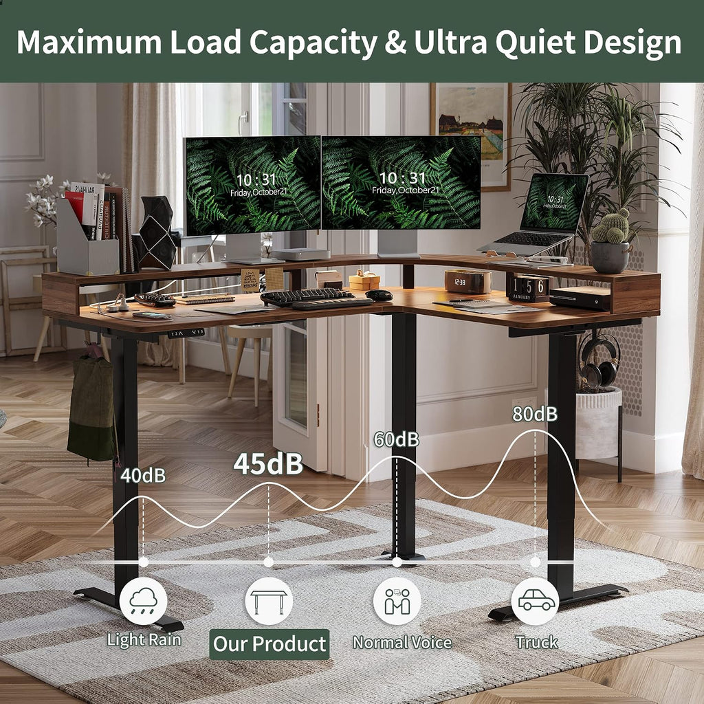 FEZIBO L Shaped Standing Desk with Arc LED & Power Outlet, Exclusive Uprated 3 Motors Support 330LBS, Electric Height Adjustable L Shaped Desk with Large Monitor Stand, for Gaming Office, Black Walnut
