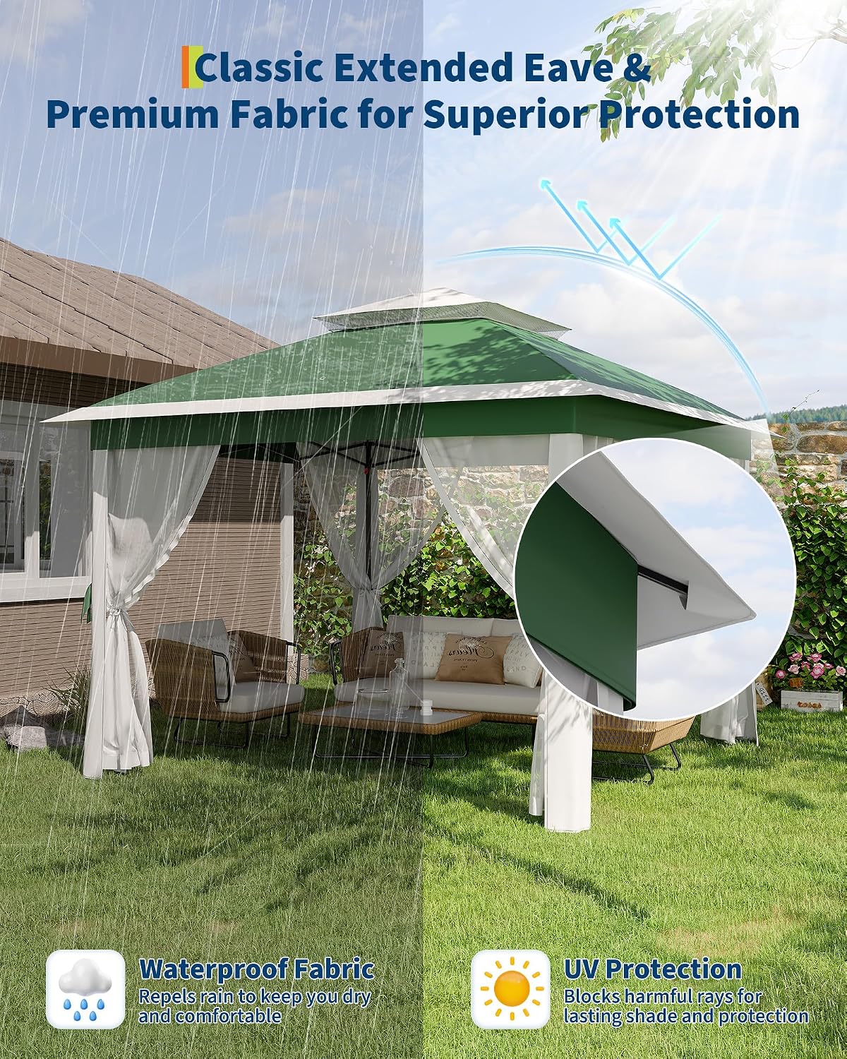 GarveeLife 11'x11 Pop-Up Gazebo, Instant Outdoor Canopy Tent with Mosquito Nettings, Durable Steel Frame, Water, and UV Proof, for Patio, Garden, Courtyard, Party (Green)