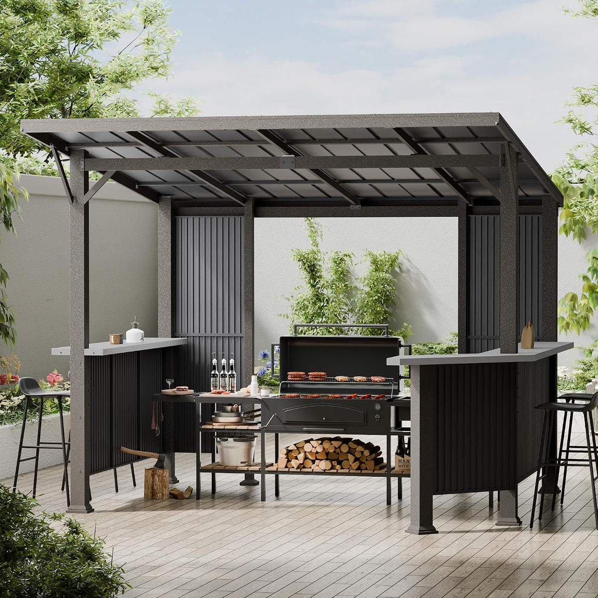 10' x 10' Hardtop Grill Gazebo,Outdoor Galvanized Steel BBQ Lean to Gazebo with 2 Side Shelves,Permanent Hardtop Grill Canopy with Independent Countertop for Patio Backyard Lawn Garden