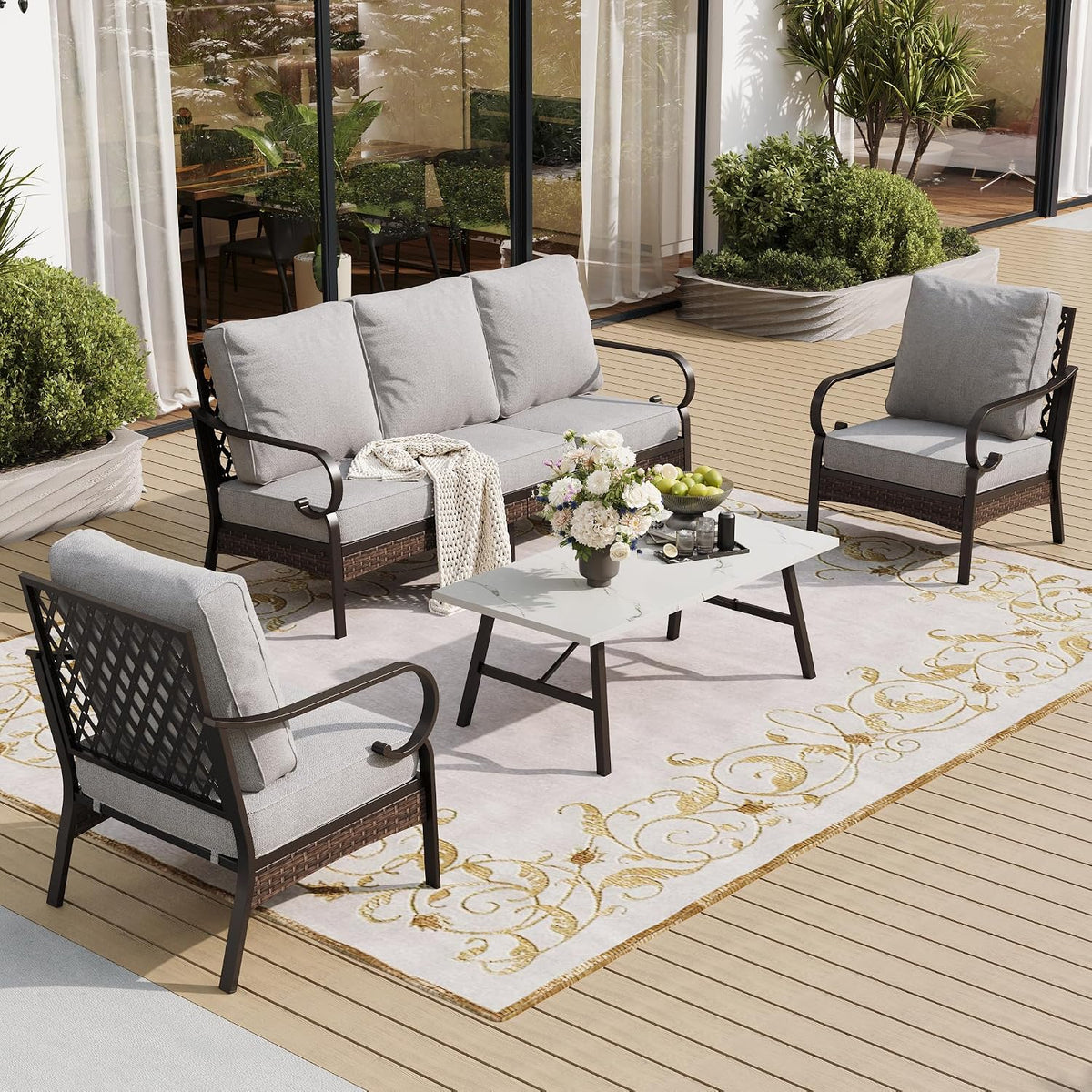 SUNSHINE VALLEY 4 Piece Metal Outdoor Patio Furniture Set, Patio Conversation Sets 1 3-seater Sofa, 2 Chairs with 5.75' Extra Thick Cushion and Coffee Table, Black Frame Backyard Furniture, Light Gray