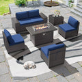 7 PCS Outdoor Patio Furniture Set,Outdoor Sectional Furniture with 43' 55000 BTU Gas Propane Fire Pit Table,All Weather PE Rattan Wicker Patio Conversation Set,Navy Blue