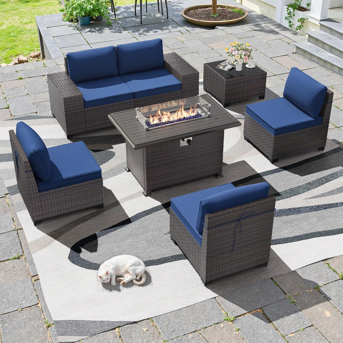 7 PCS Outdoor Patio Furniture Set,Outdoor Sectional Furniture with 43' 55000 BTU Gas Propane Fire Pit Table,All Weather PE Rattan Wicker Patio Conversation Set,Navy Blue