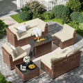 Amopatio 8-Piece Outdoor Patio Furniture Set with 44' Fire Pit Table, Modern Rattan Sectional Couch with Tempered Glass Coffee Table, Thickened Cushions and Include Waterproof Cover (Khaki)