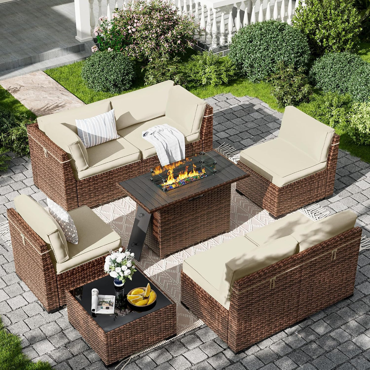 Amopatio 8-Piece Outdoor Patio Furniture Set with 44' Fire Pit Table, Modern Rattan Sectional Couch with Tempered Glass Coffee Table, Thickened Cushions and Include Waterproof Cover (Khaki)