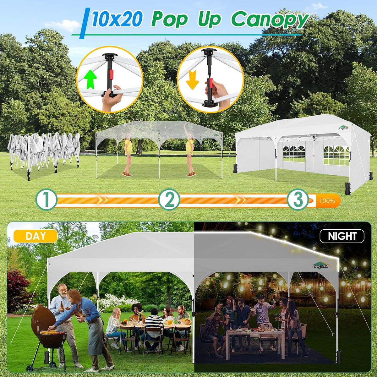 COBIZI 10x20 Pop up Canopy Tent with 4 Sidewalls Outdoor Canopy Tent for Party with Push Center Lock & Air Vent, 2000mm+Waterproof Gazebo Canopy UPF 50+with 4 Sandbags,12 Stakes & 6 Ropes,White