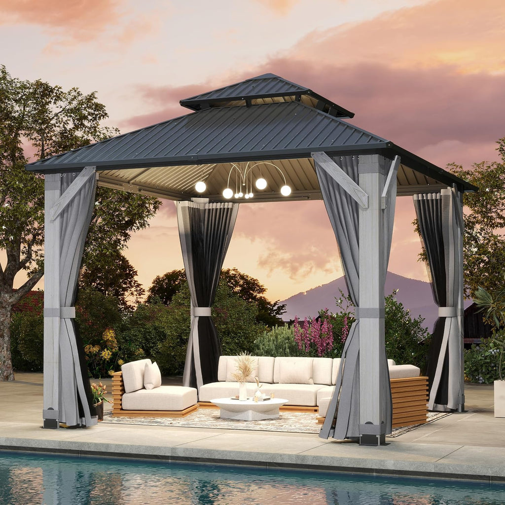 10'x10' Hardtop Wood Gazebo, Outdoor Double Roof Galvanized Steel Top Gazebo with Wooden Post, Curtains & Netting for Backyard, Patio, Deck (10x10 FT)