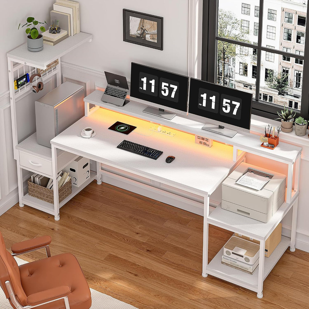 DurayLoly 63' Computer Desk with LED Lights & Outlets,Office Desk with Drawers & Monitor Stand,Gaming Desk with 3 Storage Shelves, Hooks& Printer Space for Game&Study Room,Home Office,Bedroom,White