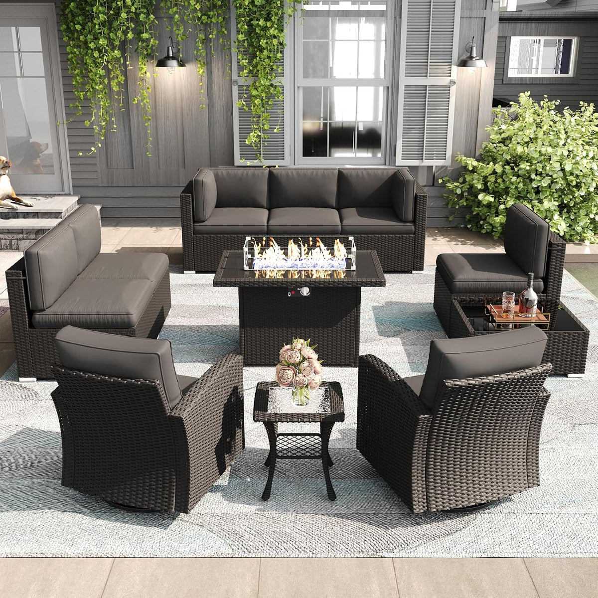 LayinSun 11 Pieces Patio Furniture Set with Fire Pit Table, Black Rattan Modular Sectional Outdoor Conversation Sofa Set, Swivel Rocking Chairs Set
