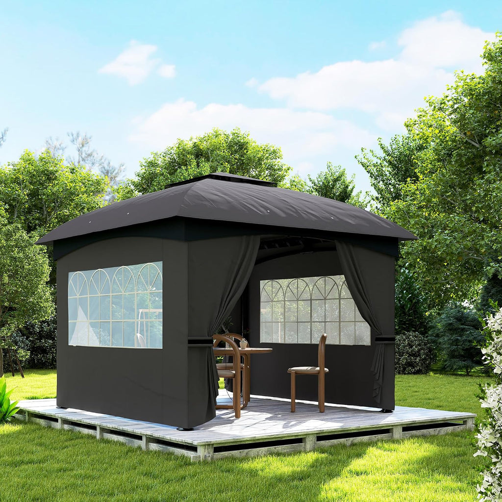 Outsunny 11' x 11' Outdoor Gazebo, Arc Patio Gazebo Canopy Shelter, UV Protected, with Curtains, Church Windows, Double Roof, Galvanized Steel Frame for Lawn, Backyard and Deck, Dark Gray
